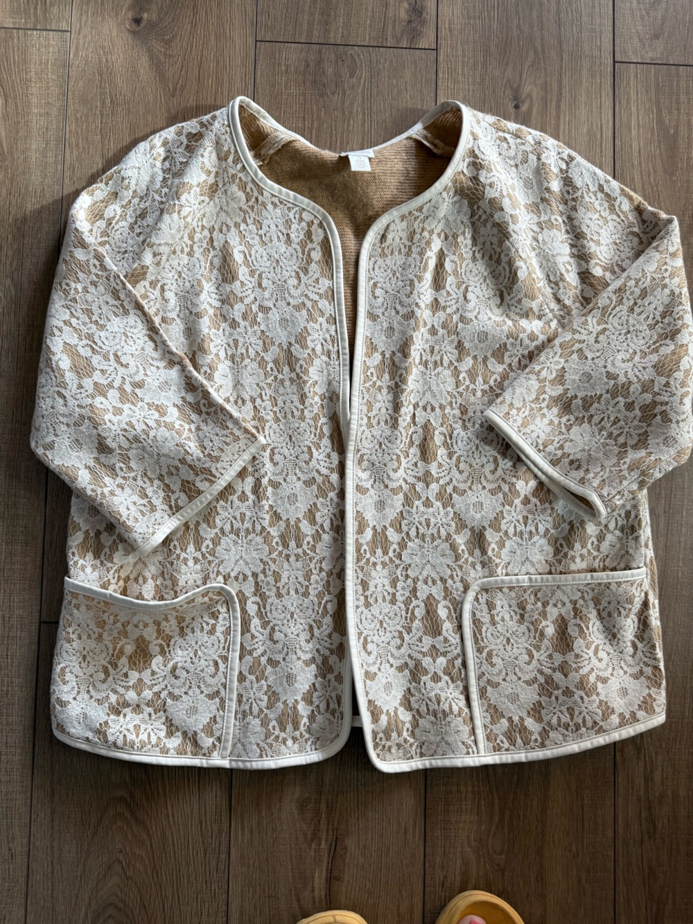 Chicos Women's Lace Overlay Open-Front Jacket - Cream/Tan